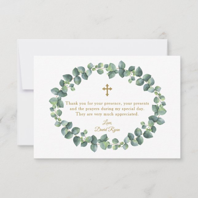 Eucalyptus Foliage Utandning Guld Kor Boy Baptism Tack Kort (Framsida)