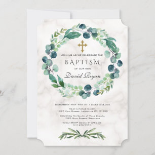 Eucalyptus Foliage Utandning Kor Marble Boy Baptis Inbjudningar
