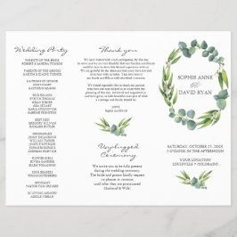 Eucalyptus Foliage Utandning Tri+Fold Bröllopsprog Reklamblad