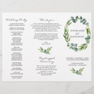 Eucalyptus Foliage Utandning Tri+Fold Bröllopsprog Reklamblad