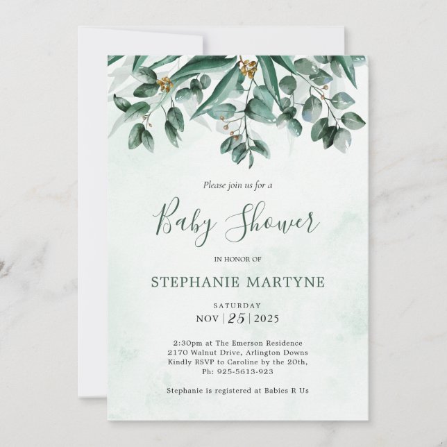 Eucalyptus Foliage Watercolor Baby Shower Inbjudningar (Framsida)
