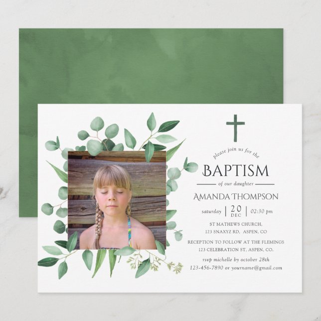 Eucalyptus Forest Greenery Baptism eller Christeni Inbjudningar (Fram/baksida)