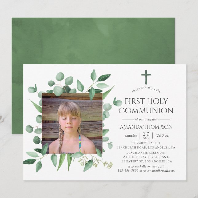 Eucalyptus Forest Greenery First Heliga Communion Inbjudningar (Fram/baksida)