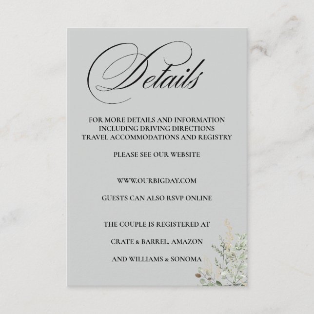 Eucalyptus Formal Elegant Enclosure Card Details Tilläggskort (Framsida)