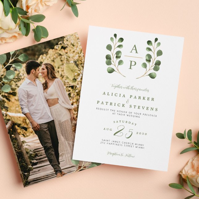 Eucalyptus-foto av vapensköld monogram bröllop inbjudningar (Skapare uppladdad)