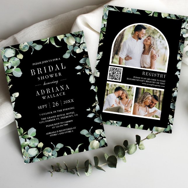 Eucalyptus Foto QR-kod Svart Bröllopsdusch Inbjudningar (Skapare uppladdad)