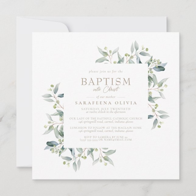 Eucalyptus Framed Simple Elegant Mor Baptism Inbjudningar (Framsida)