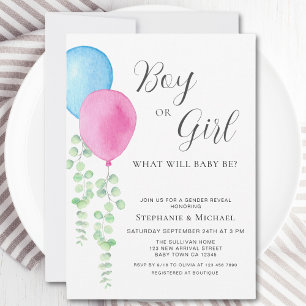 Eucalyptus Gender Reveal-färgbubblor Inbjudningar