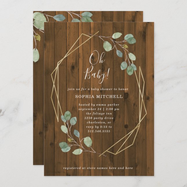 Eucalyptus Geometric Baby Shower | Oh Baby Inbjudningar (Fram/baksida)