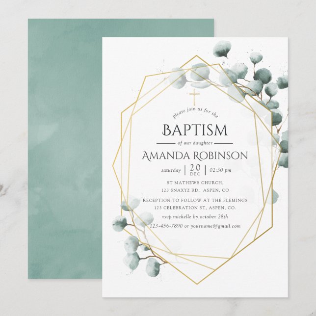 Eucalyptus Geometric Baptism eller Christening Inbjudningar (Fram/baksida)