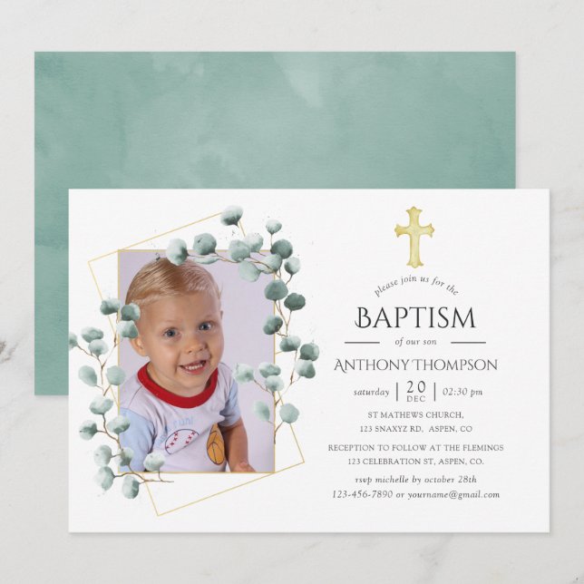 Eucalyptus Geometric Baptism eller Christening Inbjudningar (Fram/baksida)
