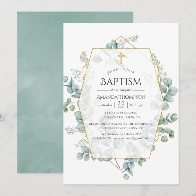 Eucalyptus Geometric Baptism i vattenfärg Inbjudningar (Fram/baksida)