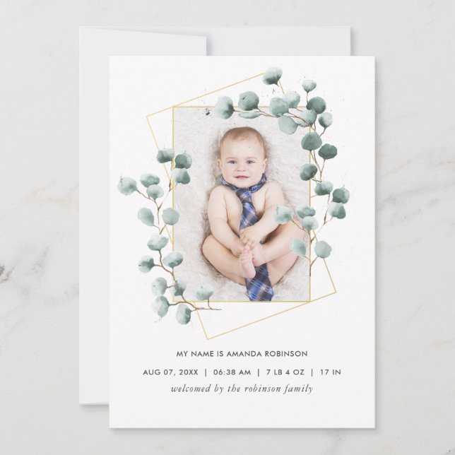 Eucalyptus Geometric Birth Announcement Photo Card Meddelande (Framsida)