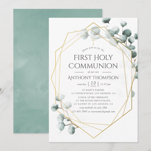 Eucalyptus Geometric First Heliga Communion Inbjudningar (Fram/baksida)