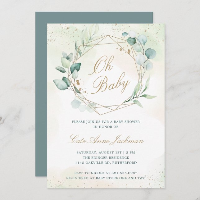 Eucalyptus Geometric Gender Neutral Baby Shower Inbjudningar (Fram/baksida)