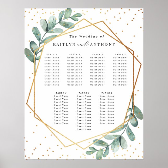 Eucalyptus Geometric Gold Foil Bröllop-säten Poster (Framsidan)