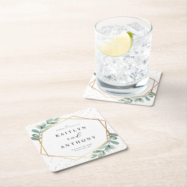 Eucalyptus Geometric Gold Foil Bröllop Underlägg Papper Kvadrat (Insitu)