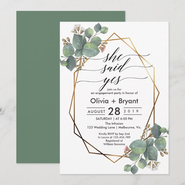 Eucalyptus geometric ram förlovningsfest inbjudningar (Fram/baksida)