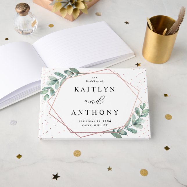 Eucalyptus Geometric Ro Gold Foil Bröllop Gästböcker (Framsida öppen)