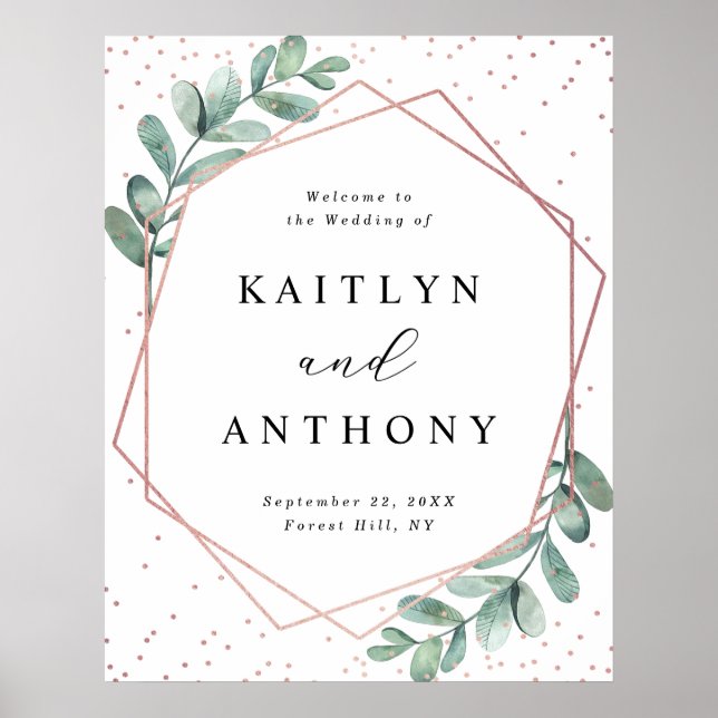 Eucalyptus Geometric Ro Gold Foil Bröllop Poster (Framsidan)