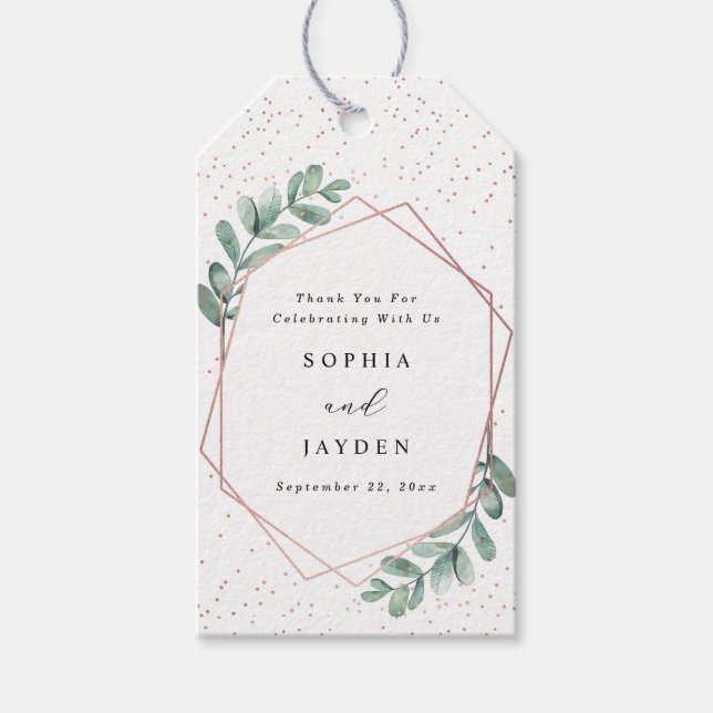 Eucalyptus Geometric Ro Gold Foil Bröllop Presentetikett (Framsidan)