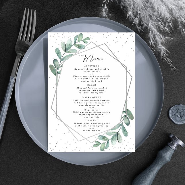 Eucalyptus Geometric Silver Foil Bröllop Meny (Skapare uppladdad)