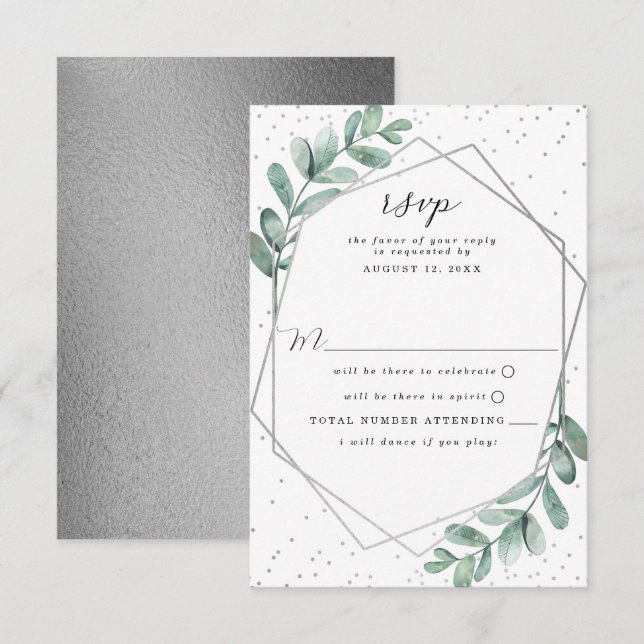 Eucalyptus Geometric Silver Foil Bröllop OSA Kort (Fram/baksida)