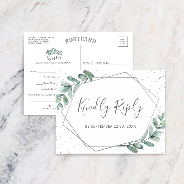 Eucalyptus Geometric Silver Foil Bröllop OSA Meddelande Vykort (Skapare uppladdad)