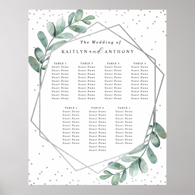 Eucalyptus Geometric Silver Foil Bröllop Seating Poster (Framsidan)