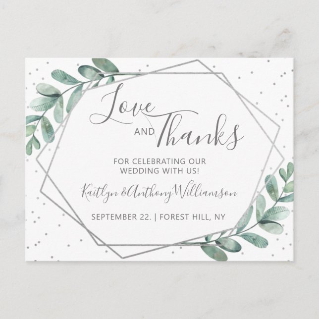 Eucalyptus Geometric Silver Foil Bröllop Tack Meddelande Vykort (Framsida)