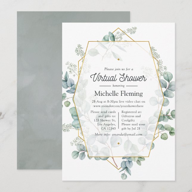 Eucalyptus Geometric Virtuell Baby Shower Inbjudningar (Fram/baksida)