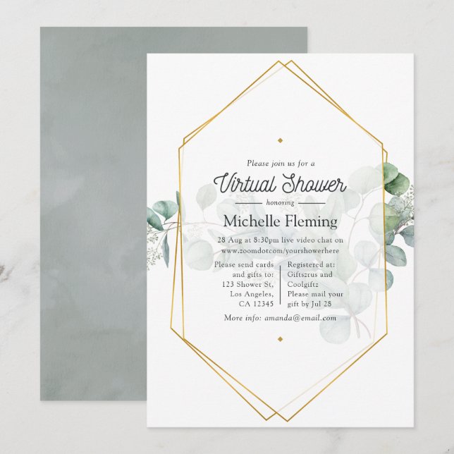 Eucalyptus Geometric Virtuell Baby Shower Inbjudningar (Fram/baksida)