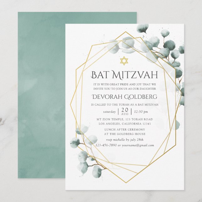 Eucalyptus Geometrisk Bat mitzvah vattenfärg Inbjudningar (Fram/baksida)