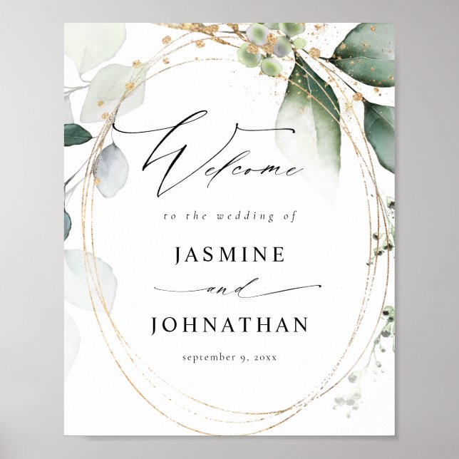 Eucalyptus Glow Guld Greenery Välkomstskylt Poster (Framsidan)