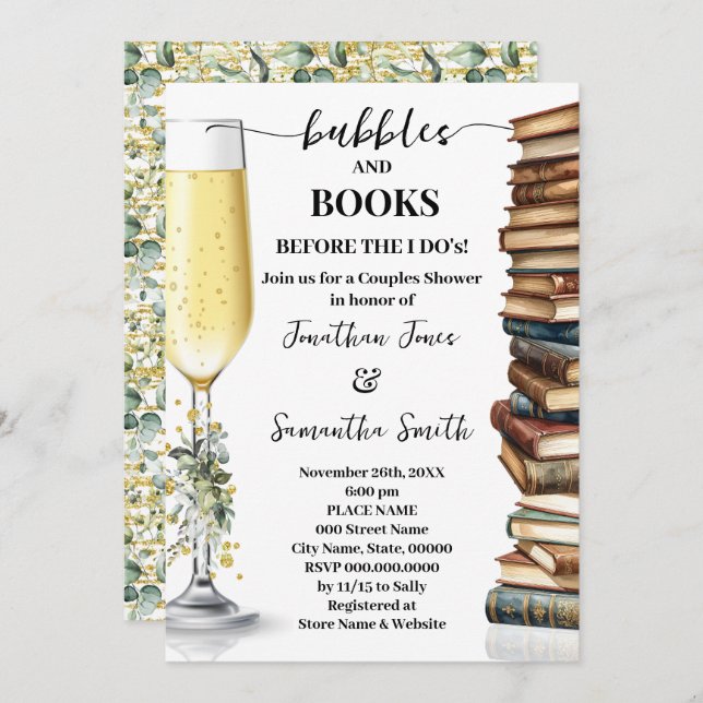 Eucalyptus Gold Bubbles & Books Couples Shower Inbjudningar (Fram/baksida)