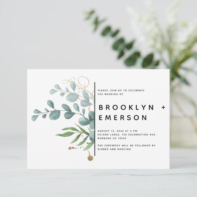 Eucalyptus Gold Foil Bröllop Inbjudningar (Stående Fram)