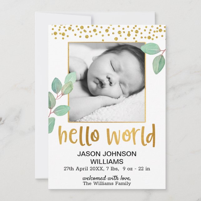 Eucalyptus Gold Foil Ram Hej World Baby Birance Meddelande (Framsida)