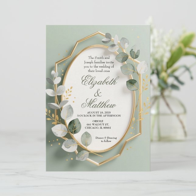Eucalyptus Gold Geometric Frame Wedding Invite Inbjudningar (Stående Fram)
