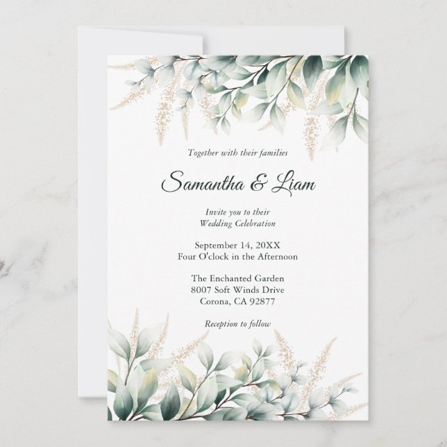 Eucalyptus Gold Greenery Wedding Inbjudningar (Framsida)