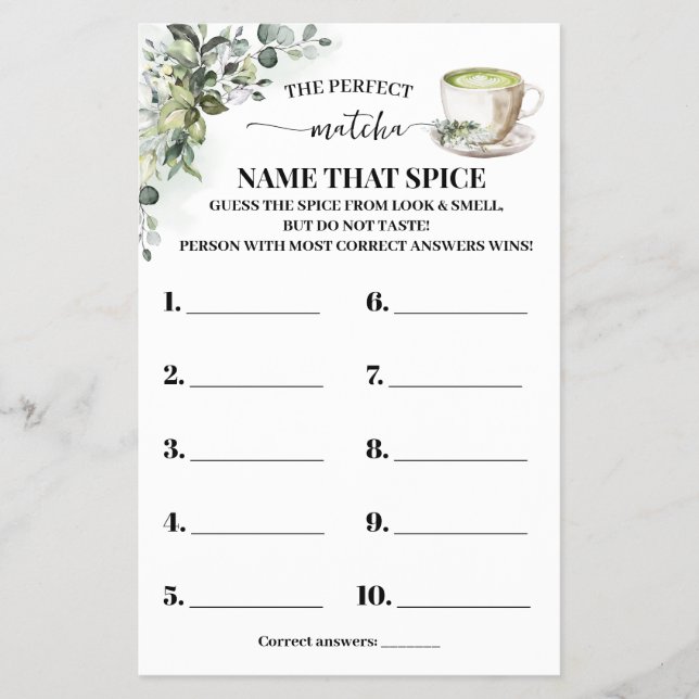 Eucalyptus Gold Name that Spice Shower Game Card Flygblad (Framsidan)