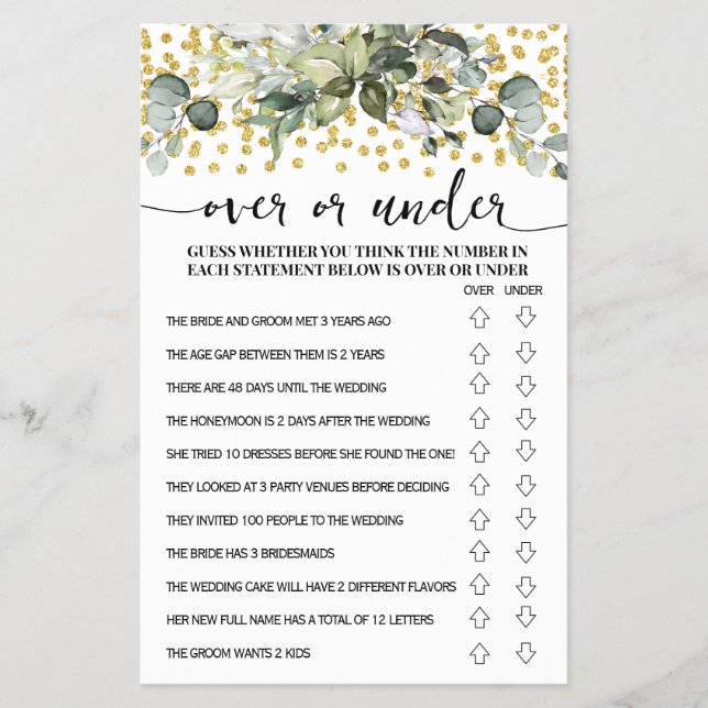 Eucalyptus Gold Over or Under Shower Game Card Flygblad (Framsidan)