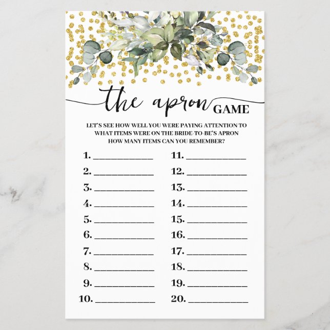 Eucalyptus Gold The Apron Bridal Shower Game Card Flygblad (Framsidan)