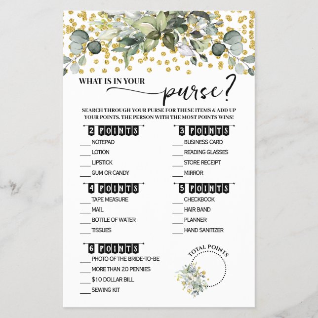 Eucalyptus Gold What is in Purwer Shower Game Card Flygblad (Framsidan)