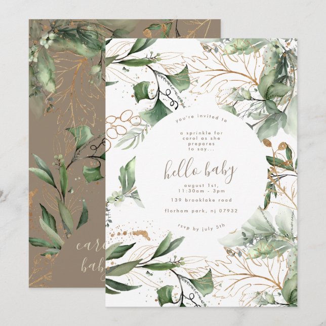 Eucalyptus Golden Boho Modern Blooming Baby Shower Inbjudningar (Fram/baksida)