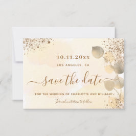 Eucalyptus golden glitter bröllop spara datum meddelande
