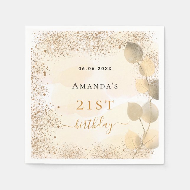 Eucalyptus golden glitter monogram napkin pappersservett (Framsidan)