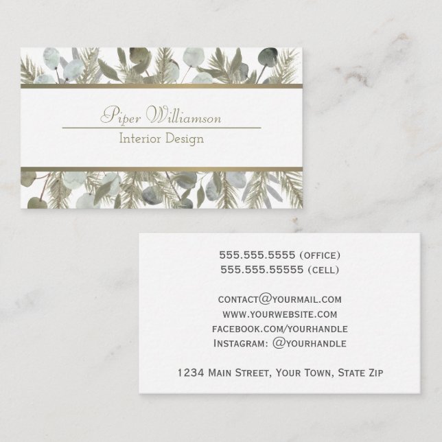 Eucalyptus & Gräs Sage & Guld Klassi Feminin Visitkort (Fram/baksida)