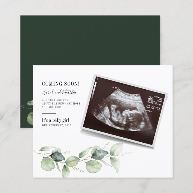 Eucalyptus Gravid Baby Gender Reveal Sonogram (Fram/baksida)