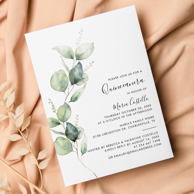 Eucalyptus Greenery 15:e födelsedagen Quinceanera Inbjudningar (15th Birthday Party Quinceanera Eucalyptus Invitation)