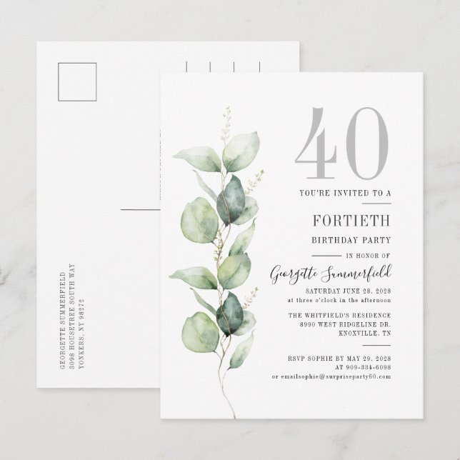Eucalyptus Greenery 40:e födelsedagen Botaniska Pa Inbjudan Vykort (Fram/baksida)